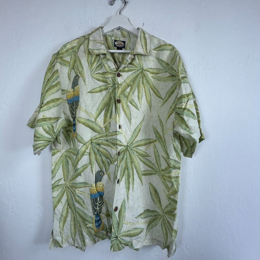 Tommy Bahama Mens Parrot & Palm Leaf Linen Hawaiian Shirt Medium Short Sleeve